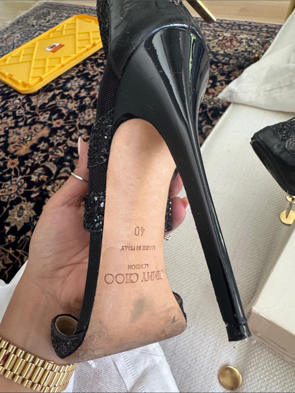 Jimmy Choo Black Glitter Mesh Ankle-Heel Sandals - Picture 6 of 6